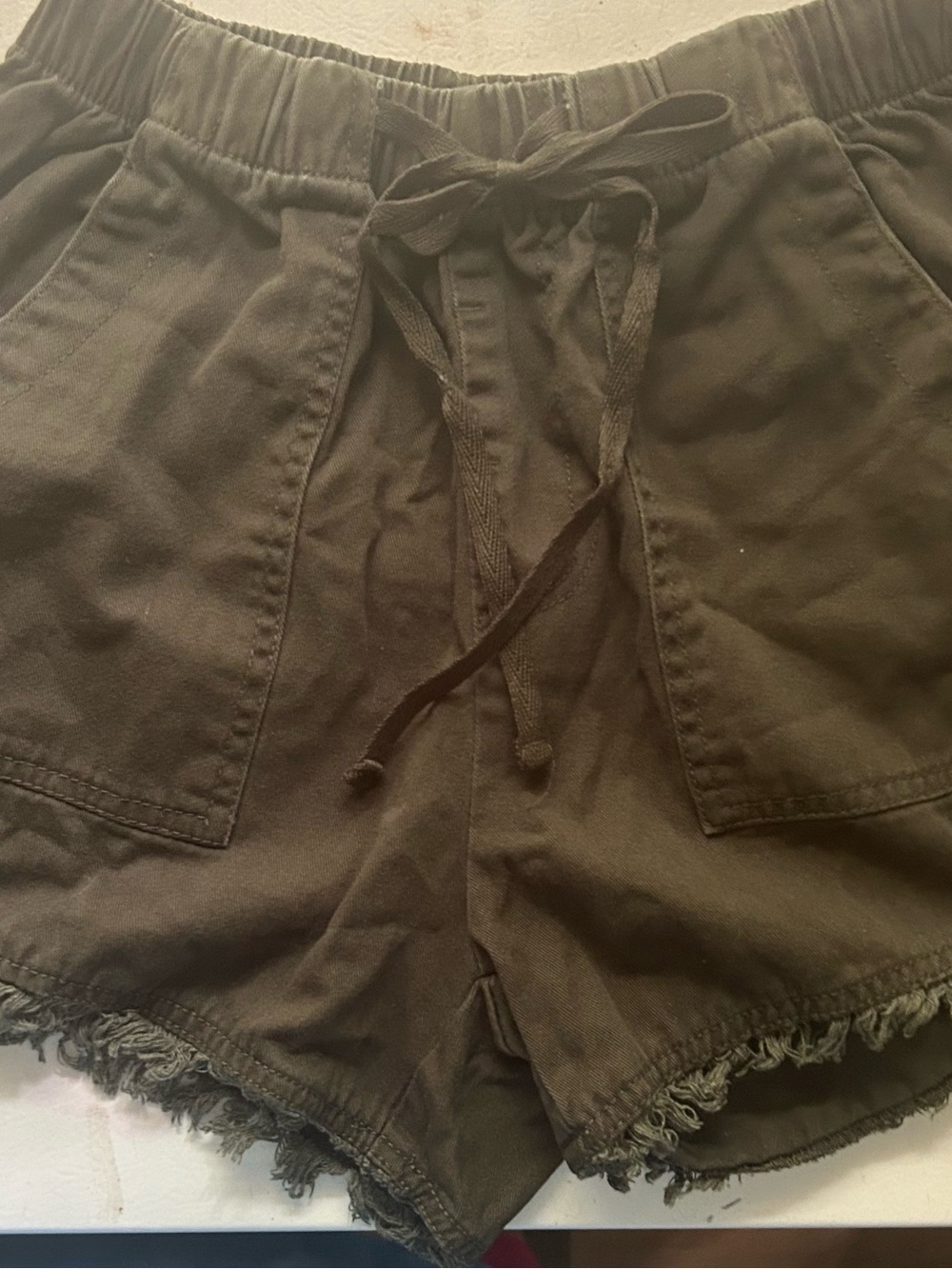High-Waist Olive Drawstring Frayed Hem Women's Shorts